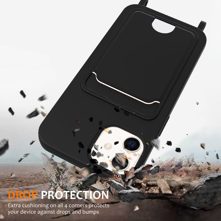 For iPhone 12 Integrated Card Bag Solid Color Liquid Silicone Phone Case with Lanyard