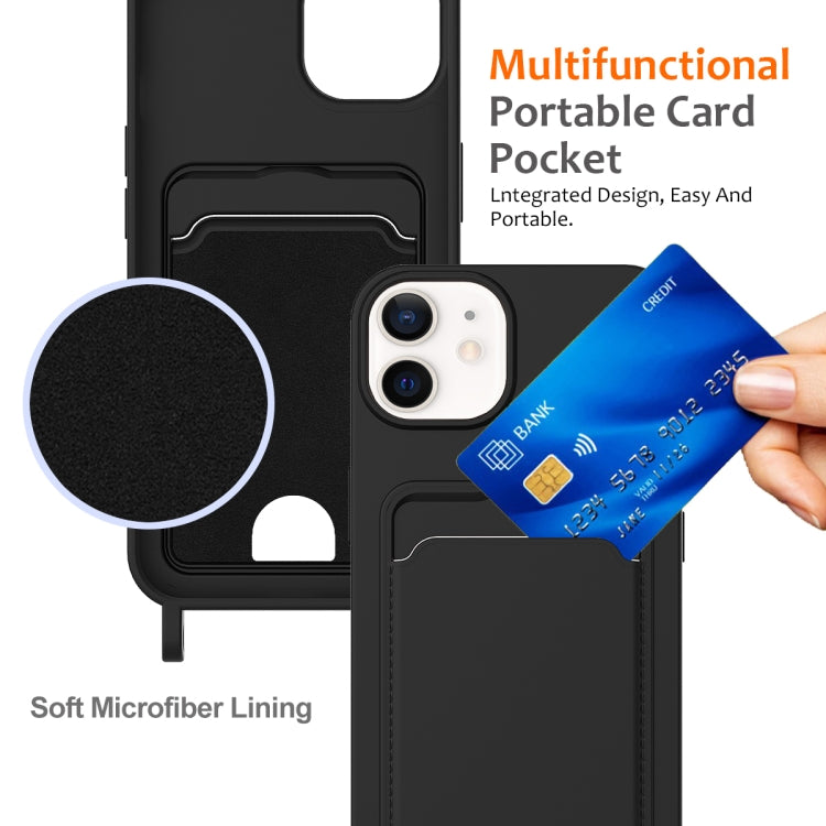 For iPhone 12 Integrated Card Bag Solid Color Liquid Silicone Phone Case with Lanyard