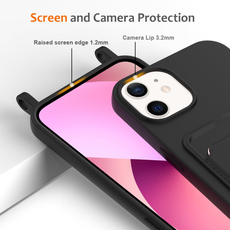 For iPhone 12 Integrated Card Bag Solid Color Liquid Silicone Phone Case with Lanyard