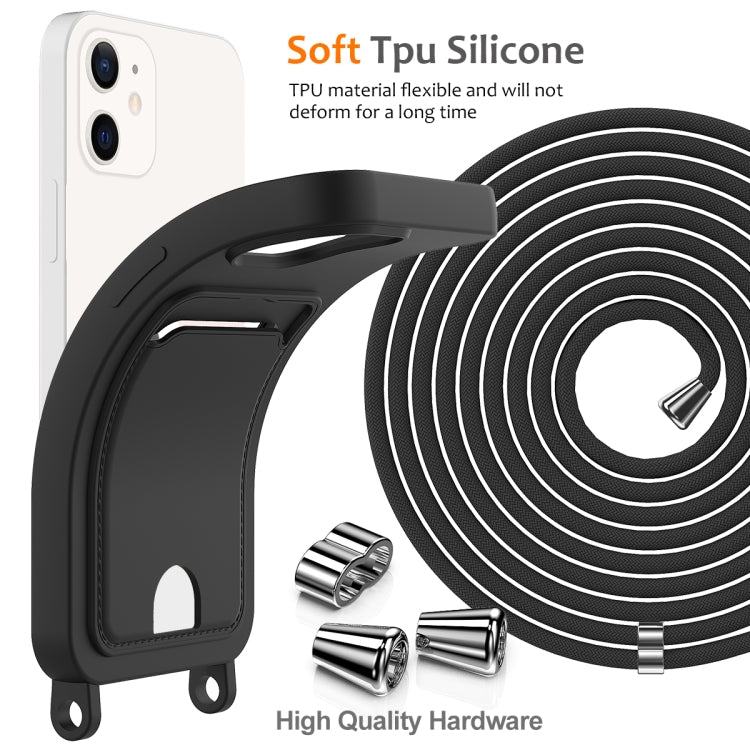 For iPhone 12 Integrated Card Bag Solid Color Liquid Silicone Phone Case with Lanyard