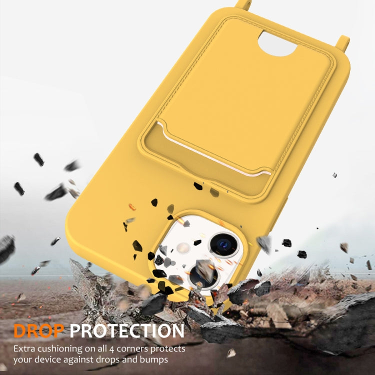 For iPhone 12 Integrated Card Bag Solid Color Liquid Silicone Phone Case with Lanyard