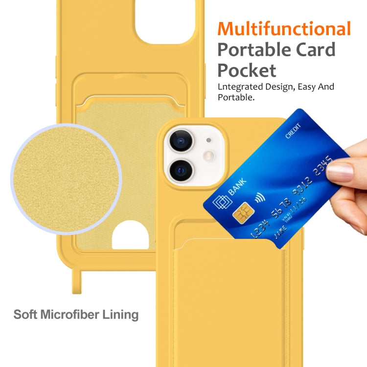For iPhone 12 Integrated Card Bag Solid Color Liquid Silicone Phone Case with Lanyard
