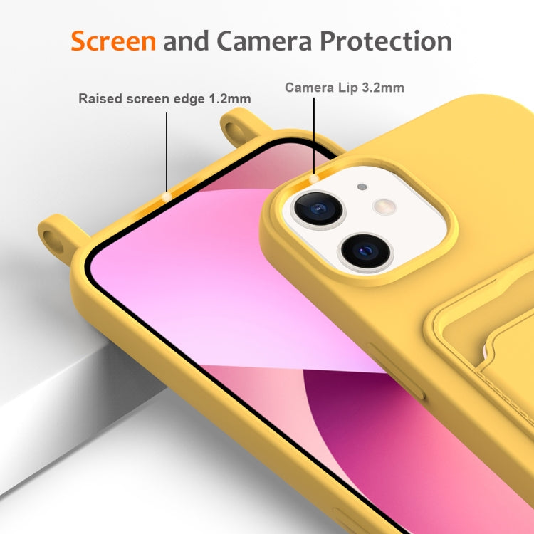 For iPhone 12 Integrated Card Bag Solid Color Liquid Silicone Phone Case with Lanyard