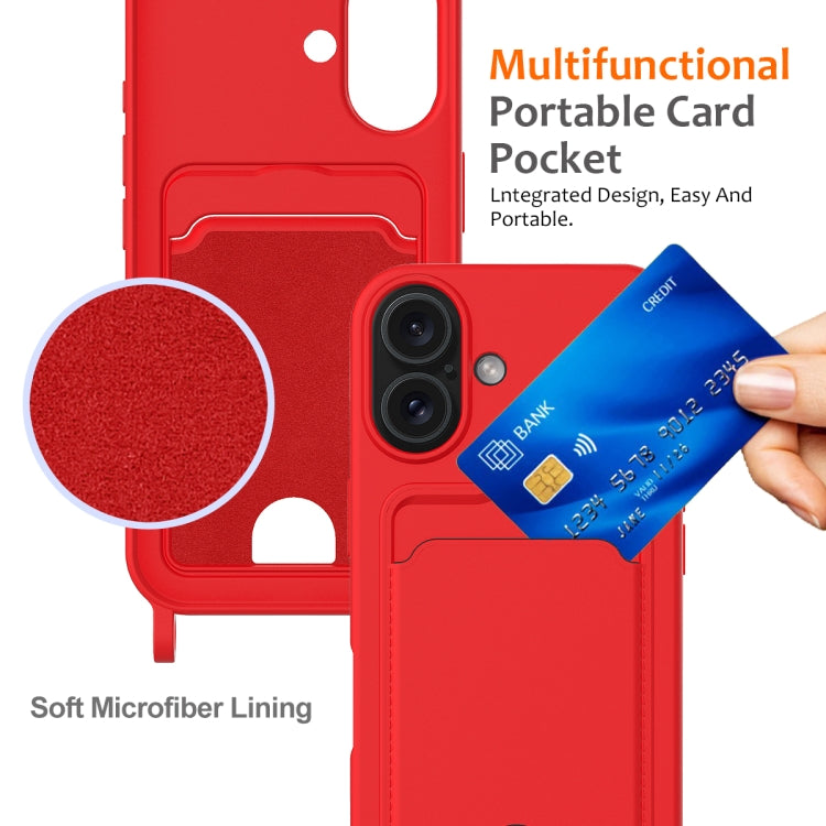 For iPhone 16 Plus Integrated Card Bag Solid Color Liquid Silicone Phone Case with Lanyard