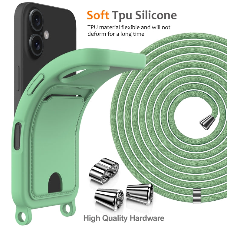 For iPhone 16 Plus Integrated Card Bag Solid Color Liquid Silicone Phone Case with Lanyard