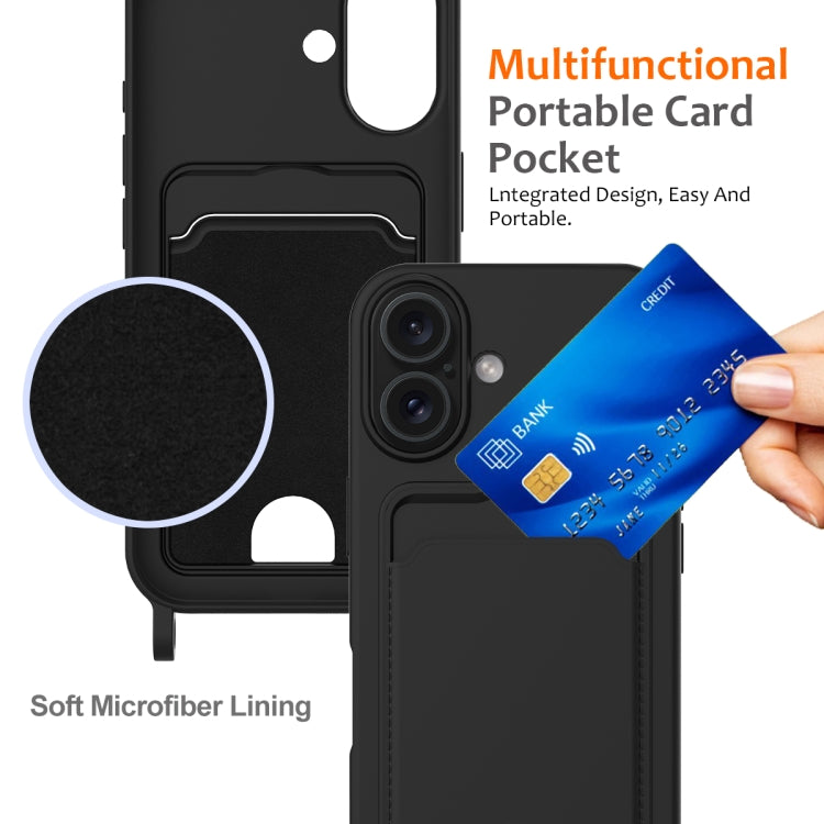 For iPhone 16 Plus Integrated Card Bag Solid Color Liquid Silicone Phone Case with Lanyard