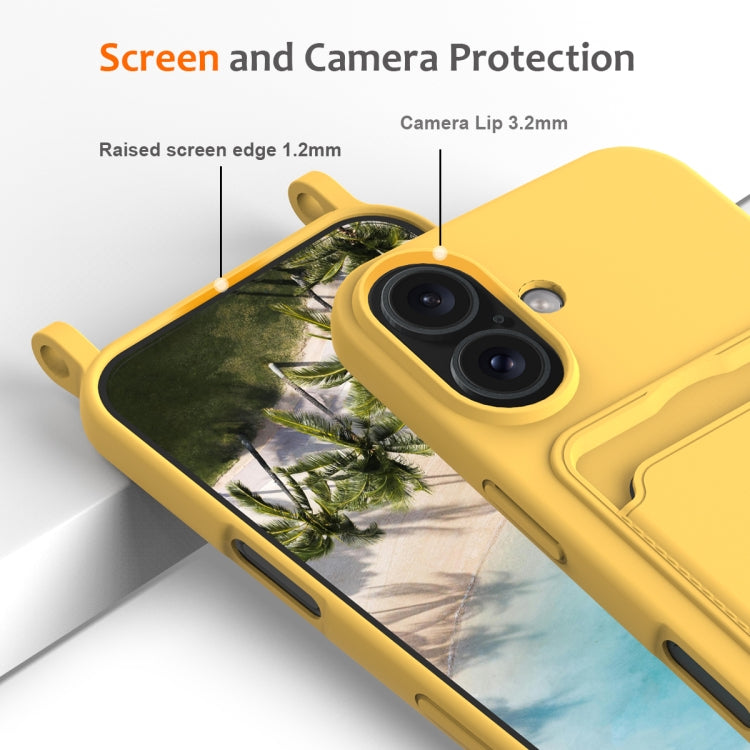 For iPhone 16 Plus Integrated Card Bag Solid Color Liquid Silicone Phone Case with Lanyard