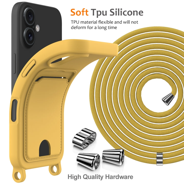 For iPhone 16 Plus Integrated Card Bag Solid Color Liquid Silicone Phone Case with Lanyard