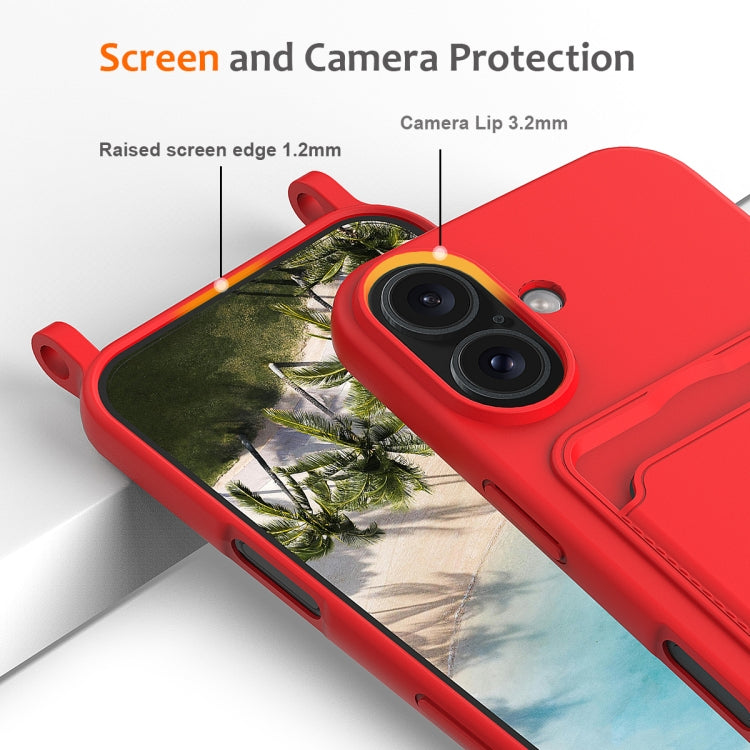 For iPhone 16 Integrated Card Bag Solid Color Liquid Silicone Phone Case with Lanyard