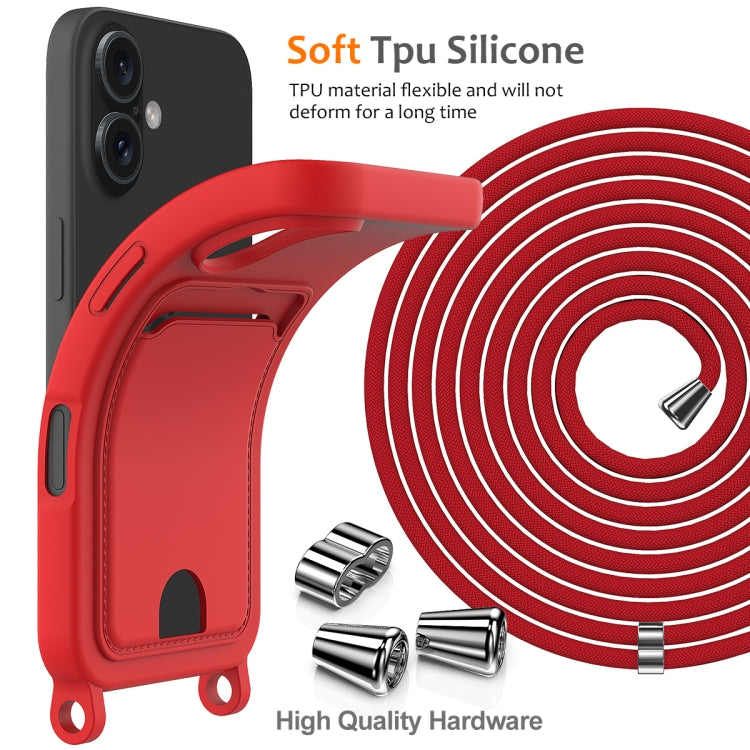 For iPhone 16 Integrated Card Bag Solid Color Liquid Silicone Phone Case with Lanyard
