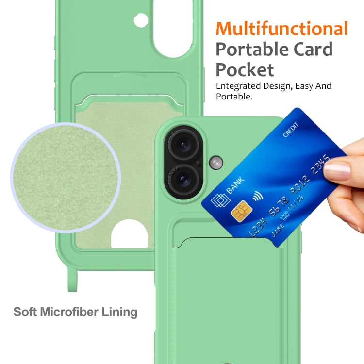 For iPhone 16 Integrated Card Bag Solid Color Liquid Silicone Phone Case with Lanyard