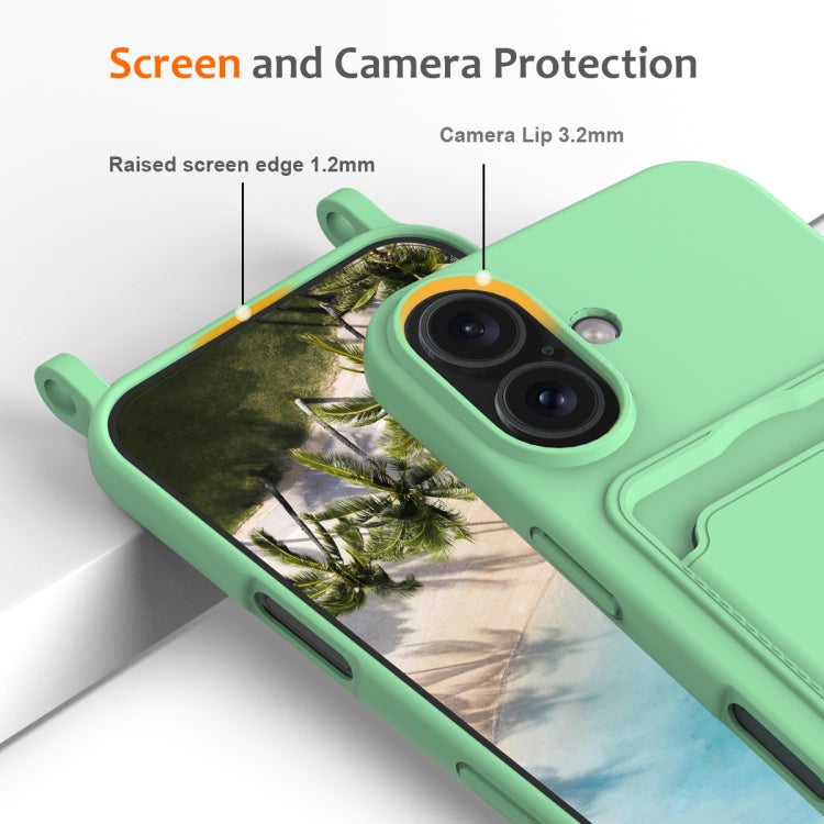 For iPhone 16 Integrated Card Bag Solid Color Liquid Silicone Phone Case with Lanyard