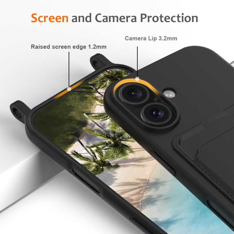 For iPhone 16 Integrated Card Bag Solid Color Liquid Silicone Phone Case with Lanyard
