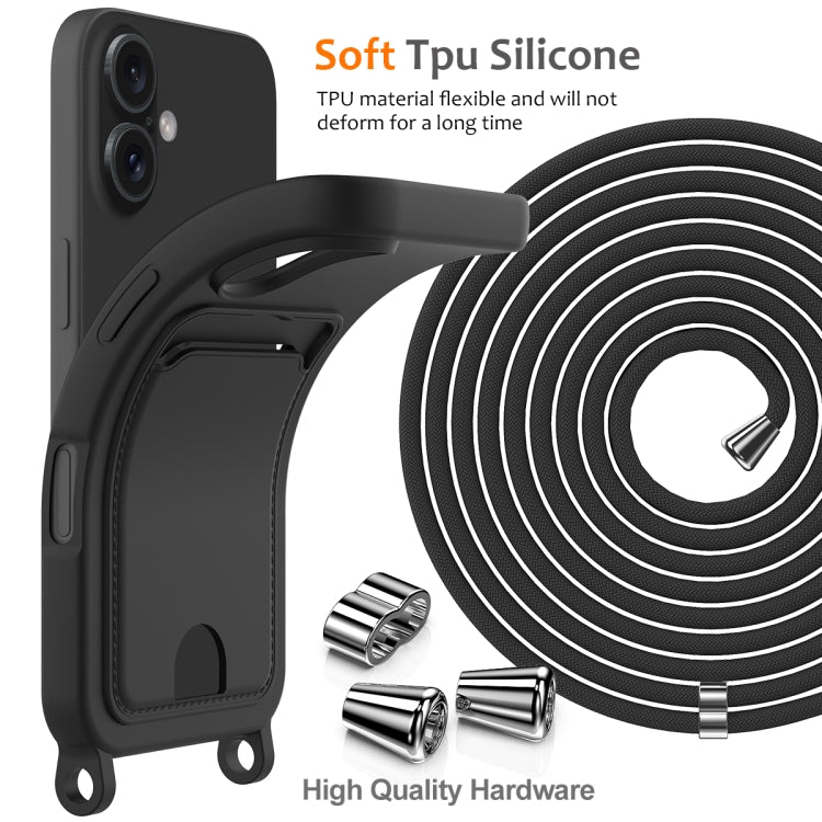 For iPhone 16 Integrated Card Bag Solid Color Liquid Silicone Phone Case with Lanyard