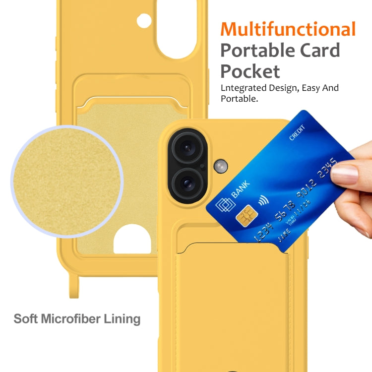 For iPhone 16 Integrated Card Bag Solid Color Liquid Silicone Phone Case with Lanyard