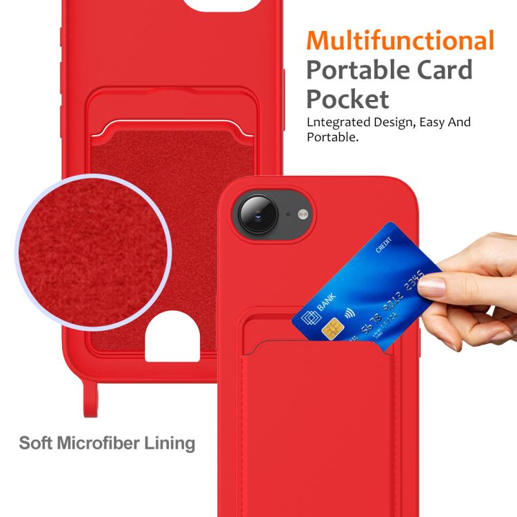 For iPhone 17e / 16e Integrated Card Bag Solid Color Liquid Silicone Phone Case with Lanyard