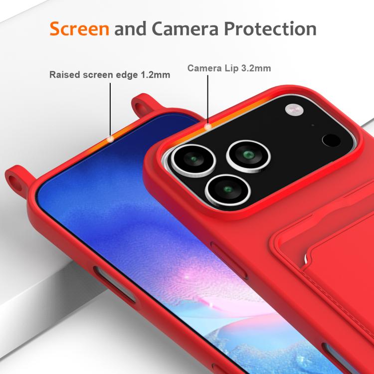 For iPhone 17 Pro Max Integrated Card Bag Solid Color Liquid Silicone Phone Case with Lanyard