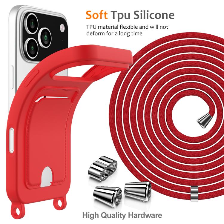 For iPhone 17 Pro Max Integrated Card Bag Solid Color Liquid Silicone Phone Case with Lanyard
