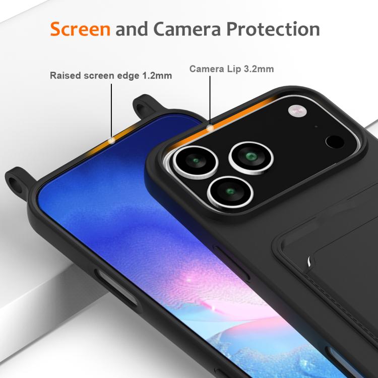 For iPhone 17 Pro Max Integrated Card Bag Solid Color Liquid Silicone Phone Case with Lanyard