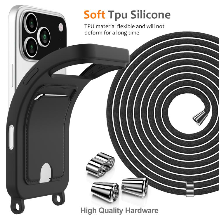 For iPhone 17 Pro Max Integrated Card Bag Solid Color Liquid Silicone Phone Case with Lanyard