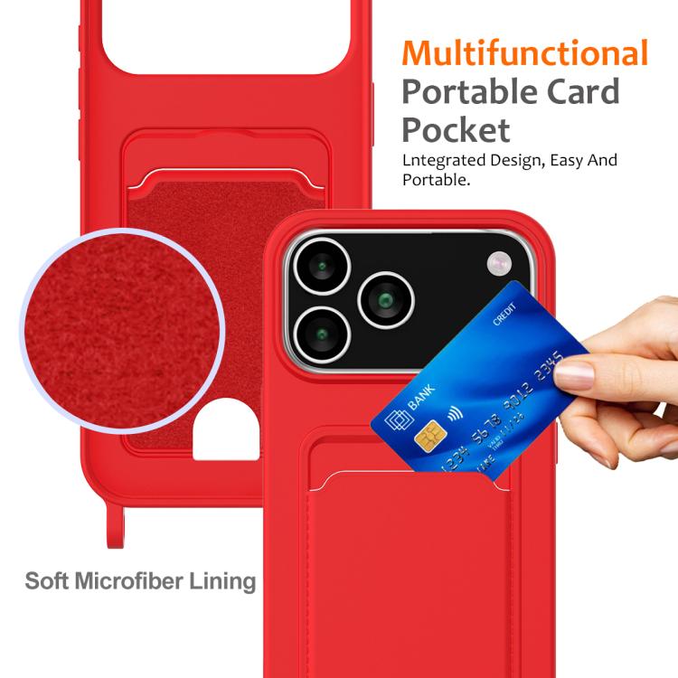 For iPhone 17 Pro Integrated Card Bag Solid Color Liquid Silicone Phone Case with Lanyard