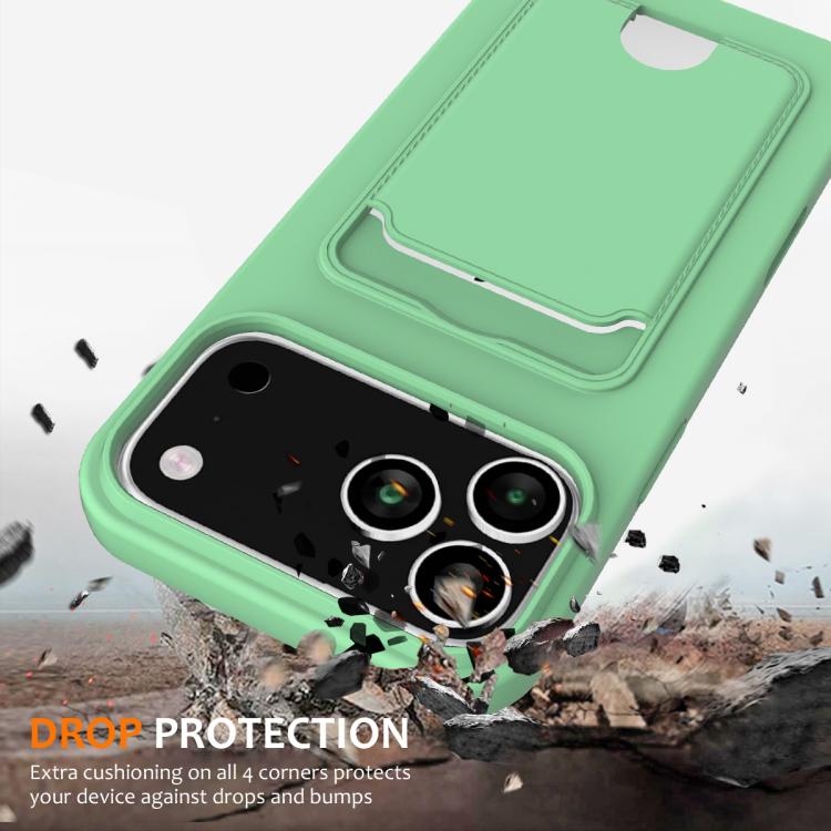 For iPhone 17 Pro Integrated Card Bag Solid Color Liquid Silicone Phone Case with Lanyard
