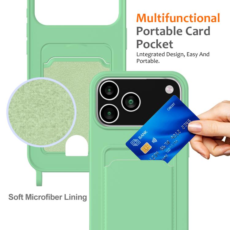 For iPhone 17 Pro Integrated Card Bag Solid Color Liquid Silicone Phone Case with Lanyard