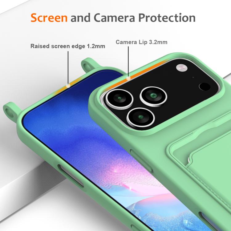 For iPhone 17 Pro Integrated Card Bag Solid Color Liquid Silicone Phone Case with Lanyard
