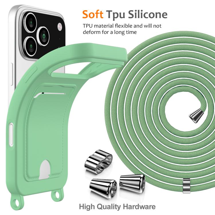 For iPhone 17 Pro Integrated Card Bag Solid Color Liquid Silicone Phone Case with Lanyard