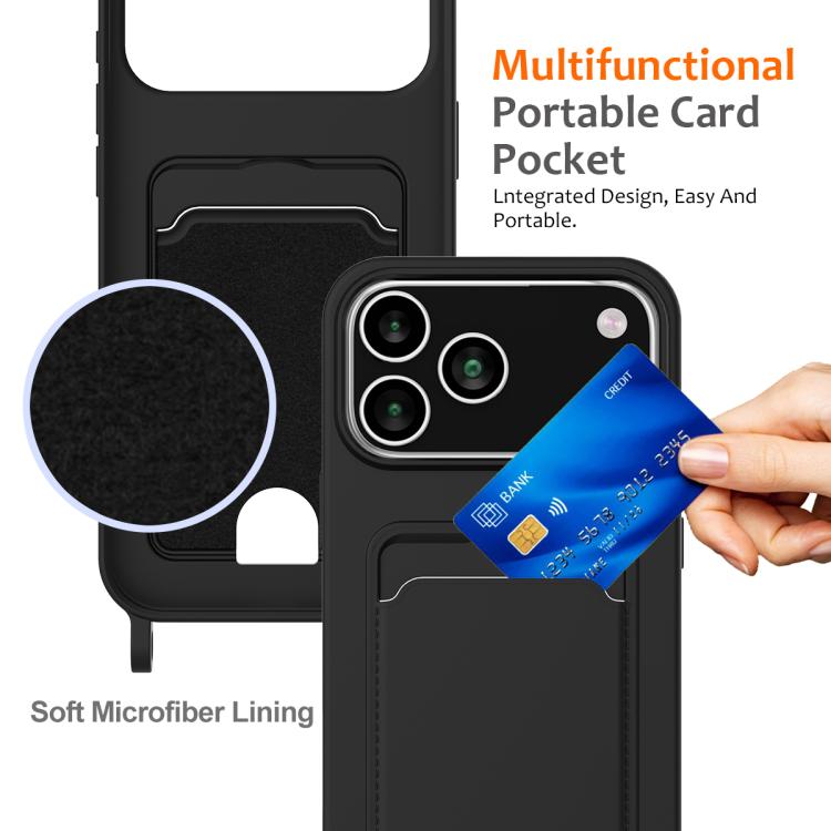 For iPhone 17 Pro Integrated Card Bag Solid Color Liquid Silicone Phone Case with Lanyard