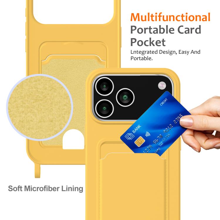 For iPhone 17 Pro Integrated Card Bag Solid Color Liquid Silicone Phone Case with Lanyard