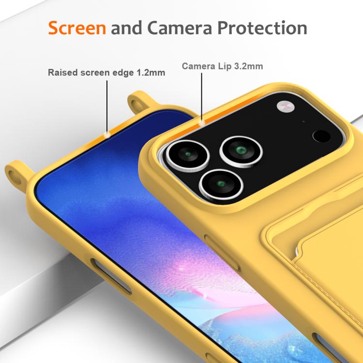 For iPhone 17 Pro Integrated Card Bag Solid Color Liquid Silicone Phone Case with Lanyard
