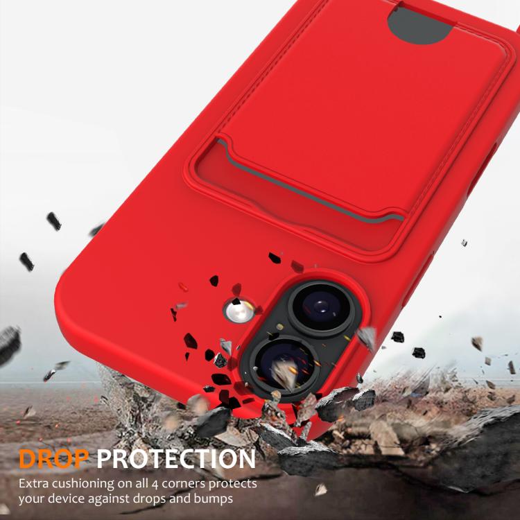 For iPhone 17 Integrated Card Bag Solid Color Liquid Silicone Phone Case with Lanyard