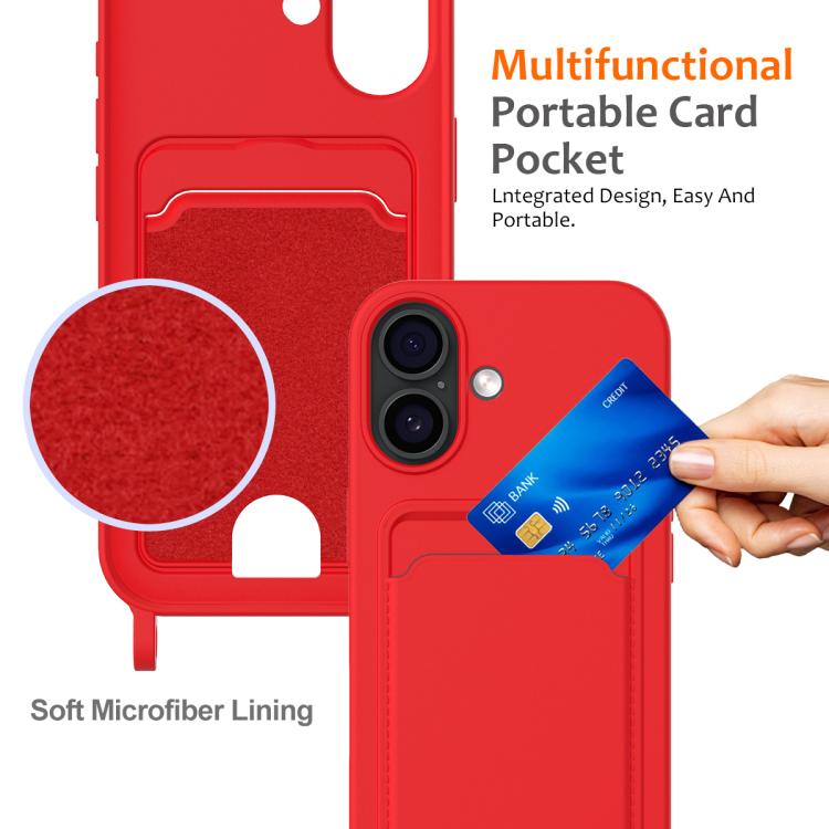 For iPhone 17 Integrated Card Bag Solid Color Liquid Silicone Phone Case with Lanyard