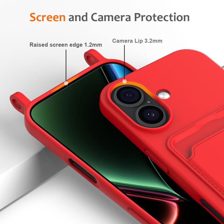 For iPhone 17 Integrated Card Bag Solid Color Liquid Silicone Phone Case with Lanyard