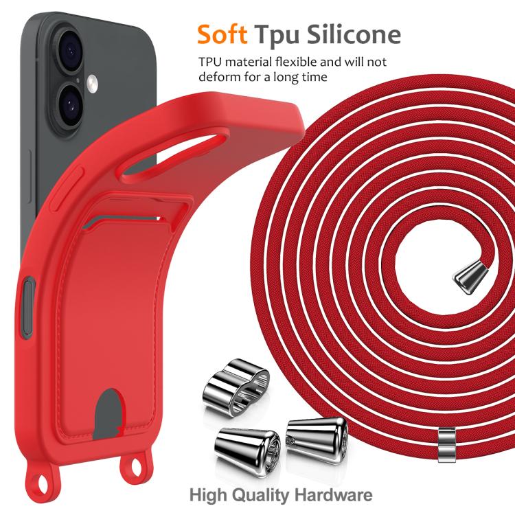 For iPhone 17 Integrated Card Bag Solid Color Liquid Silicone Phone Case with Lanyard
