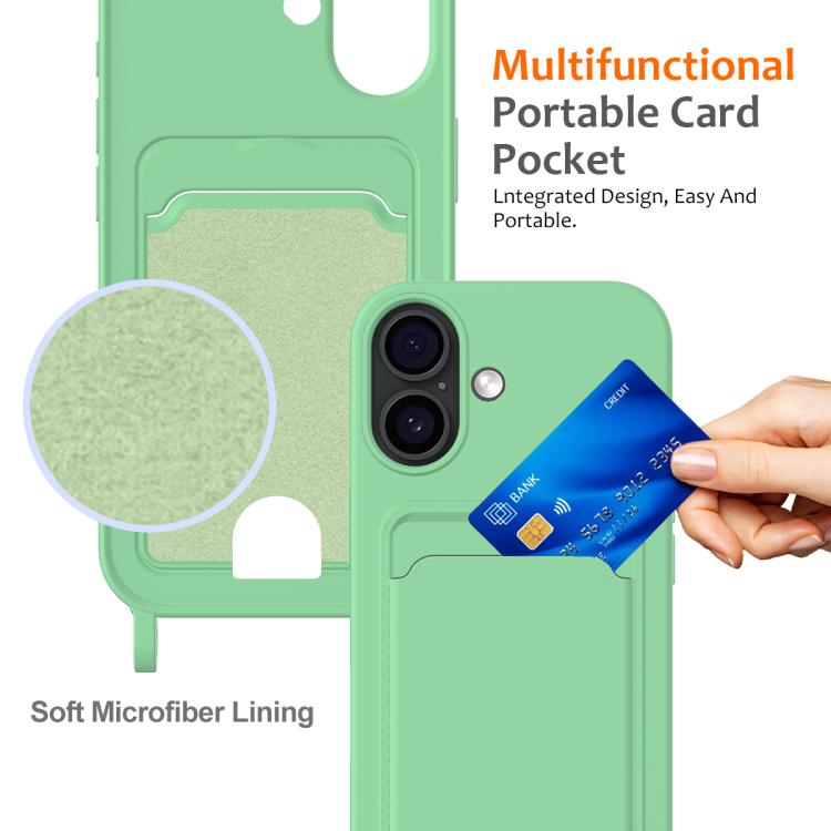For iPhone 17 Integrated Card Bag Solid Color Liquid Silicone Phone Case with Lanyard