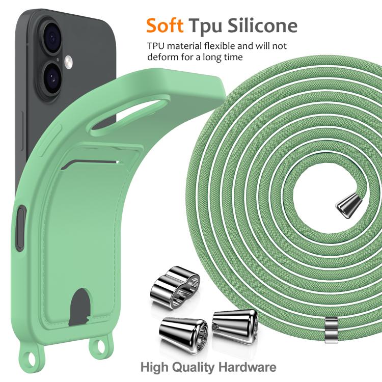 For iPhone 17 Integrated Card Bag Solid Color Liquid Silicone Phone Case with Lanyard