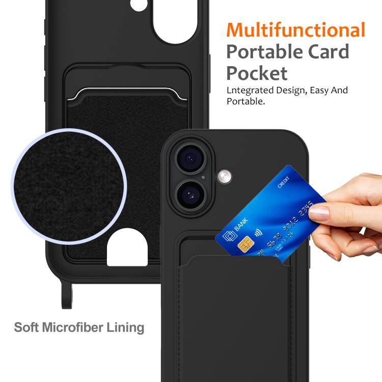 For iPhone 17 Integrated Card Bag Solid Color Liquid Silicone Phone Case with Lanyard