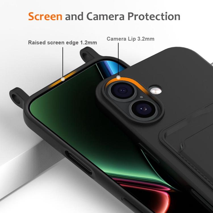 For iPhone 17 Integrated Card Bag Solid Color Liquid Silicone Phone Case with Lanyard