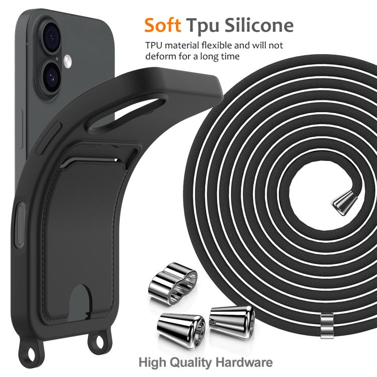 For iPhone 17 Integrated Card Bag Solid Color Liquid Silicone Phone Case with Lanyard