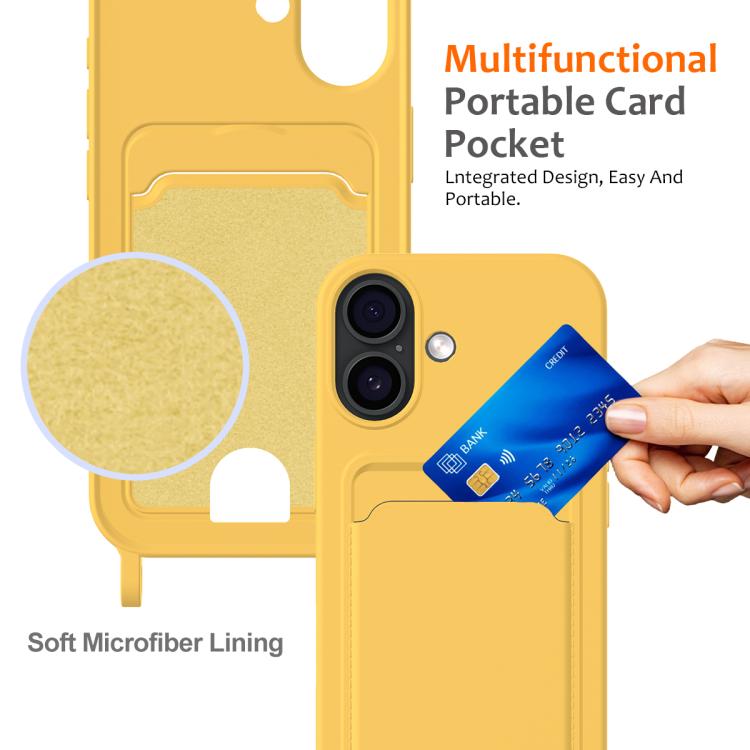 For iPhone 17 Integrated Card Bag Solid Color Liquid Silicone Phone Case with Lanyard