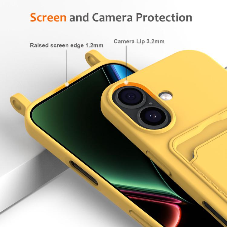 For iPhone 17 Integrated Card Bag Solid Color Liquid Silicone Phone Case with Lanyard