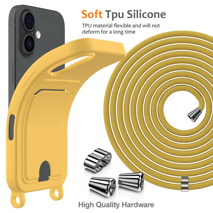 For iPhone 17 Integrated Card Bag Solid Color Liquid Silicone Phone Case with Lanyard