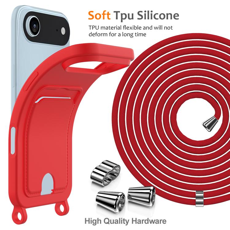For iPhone Air Integrated Card Bag Solid Color Liquid Silicone Phone Case with Lanyard