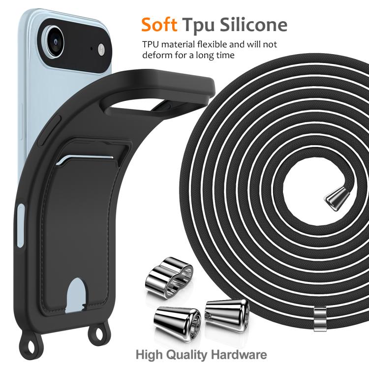 For iPhone Air Integrated Card Bag Solid Color Liquid Silicone Phone Case with Lanyard