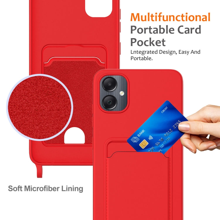 For Samsung Galaxy A05 Integrated Card Bag Solid Color Liquid Silicone Phone Case with Lanyard