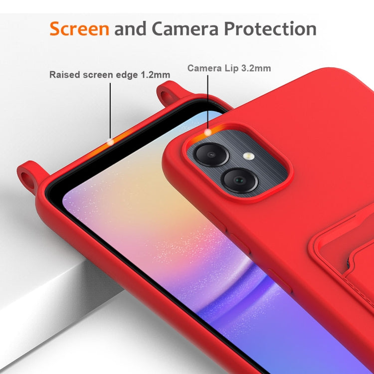 For Samsung Galaxy A05 Integrated Card Bag Solid Color Liquid Silicone Phone Case with Lanyard
