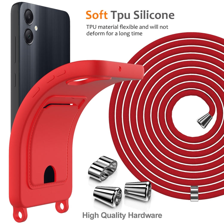 For Samsung Galaxy A05 Integrated Card Bag Solid Color Liquid Silicone Phone Case with Lanyard