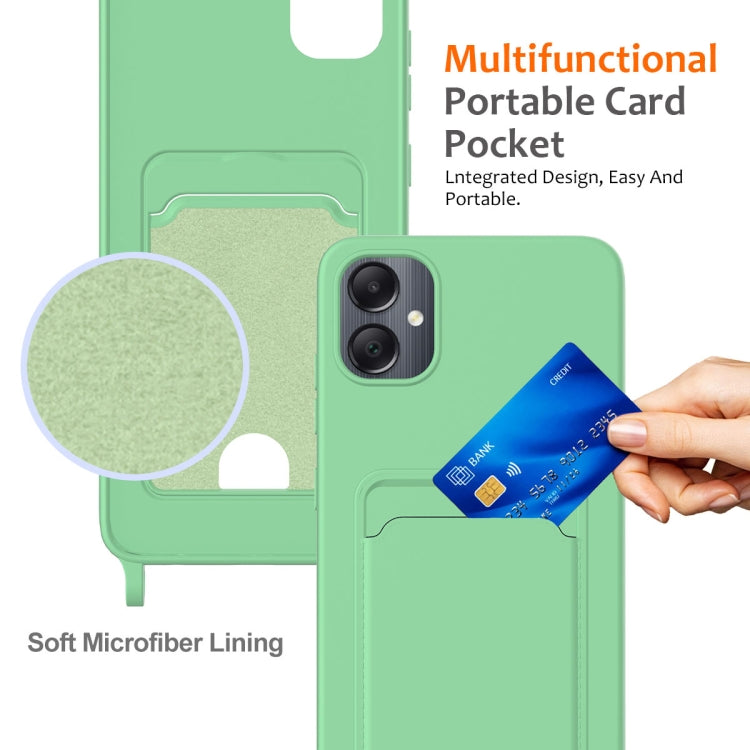 For Samsung Galaxy A05 Integrated Card Bag Solid Color Liquid Silicone Phone Case with Lanyard